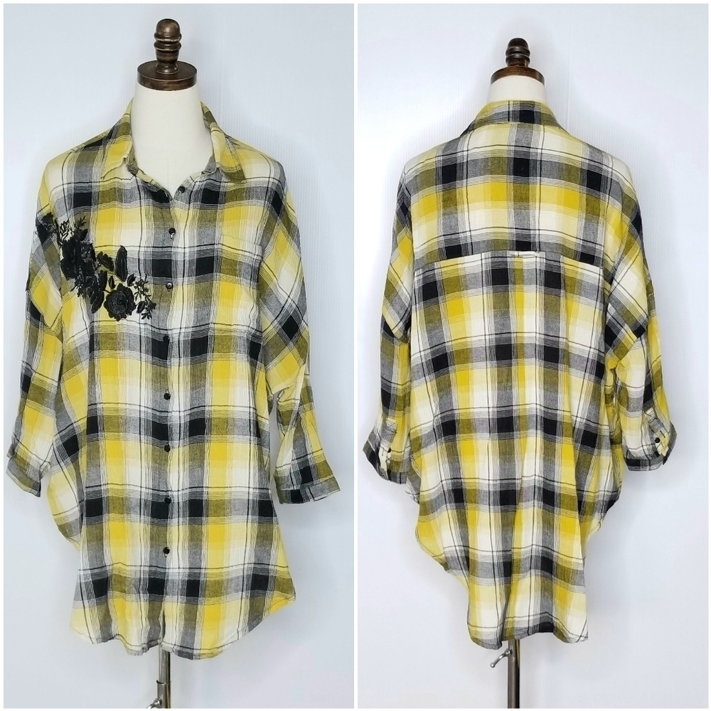 Anthropologie Maeve Oversized Tunic Buttondown Shirt Yellow/Black Size XS/S